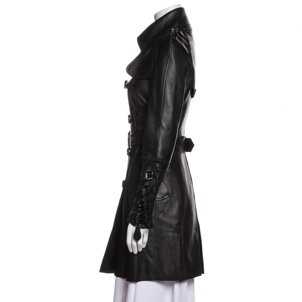 Burberry soft black leather motorcycle trench coat with strap buckles size small - Picture 2 of 6